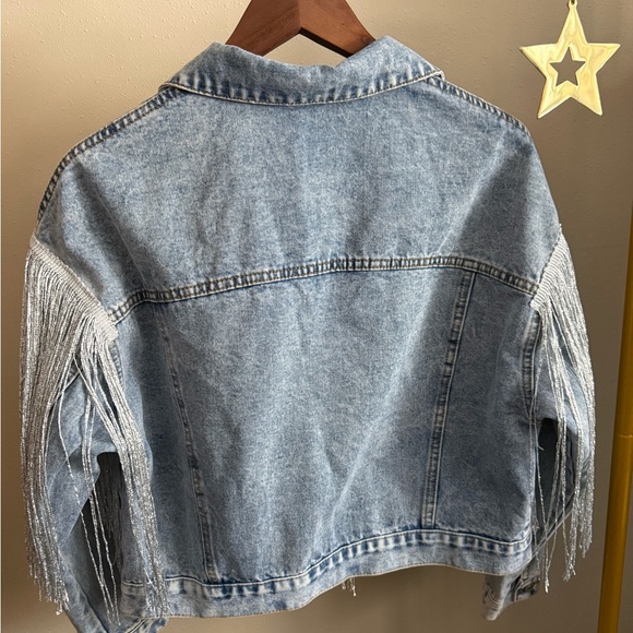 Fringe Denim Jacket Western Cropped Light Wash Statement Coat - Picture 11 of 13